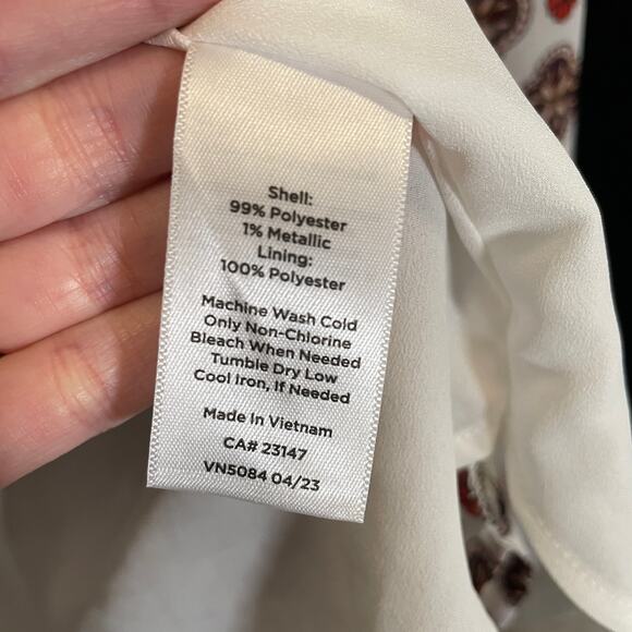 Talbots 2023 Ruffle Neck Blouse in Ditsy Medallion Metallic Sheer Sleeve Gold L - Picture 6 of 7